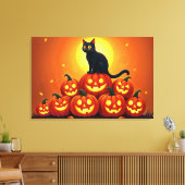 Halloween schattige zwarte kat en Jack's lantaarns Canvas Afdruk (Insitu (Woonkamer))