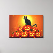 Halloween schattige zwarte kat en Jack's lantaarns Canvas Afdruk (Voorkant)