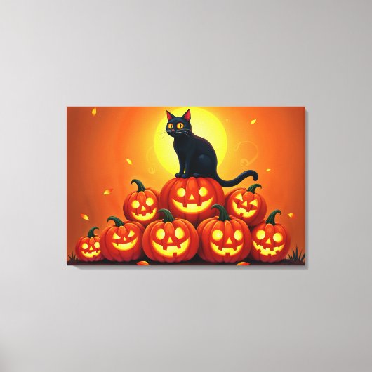 Halloween schattige zwarte kat en Jack's lantaarns Canvas Afdruk (Voorkant)