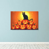 Halloween schattige zwarte kat en Jack's lantaarns Canvas Afdruk (Insitu (Houten vloer))