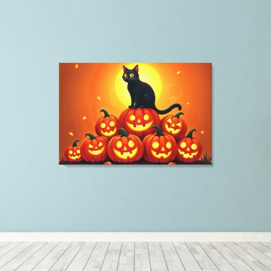 Halloween schattige zwarte kat en Jack's lantaarns Canvas Afdruk (Insitu (Houten vloer))