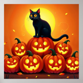 Halloween schattige zwarte kat en Jack's lantaarns Poster