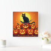 Halloween schattige zwarte kat en Jack's lantaarns Vierkante Klok (Huis)