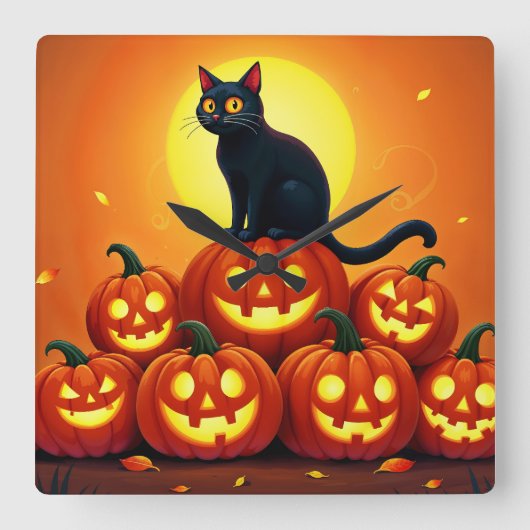 Halloween schattige zwarte kat en Jack's lantaarns Vierkante Klok (Voorkant)