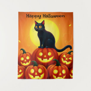 Halloween schattige zwarte kat en Jack's lantaarns Wandkleed
