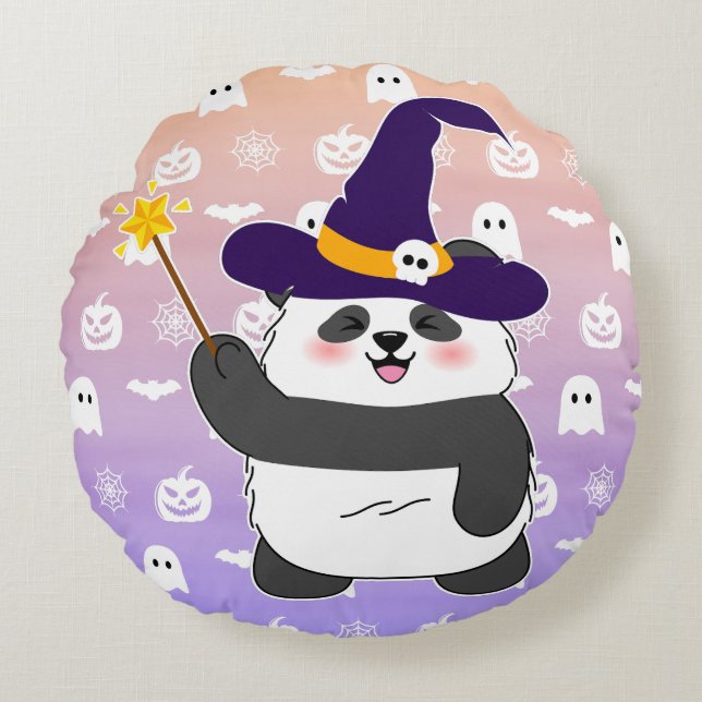 Halloween Schattigee Baby Panda toverstaf toversta Rond Kussen (Voorkant)