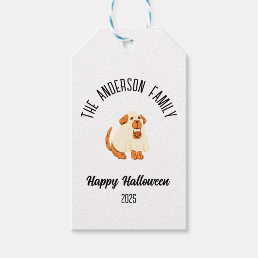 Halloween Schattigee Dog Ghost Kostuum Gepersonali Cadeaulabel (Voorkant)