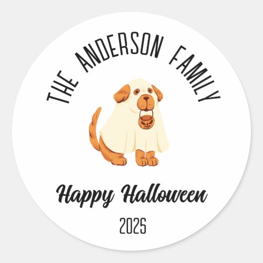 Halloween Schattigee Dog Ghost Kostuum Gepersonali Ronde Sticker (Voorkant)