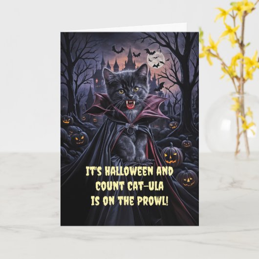 Halloween Schattigee Dracula Vampire Cat Kitten Kaart (Gele Bloem)