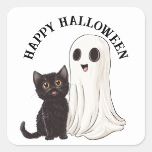 Halloween Schattigee geest en zwarte kat Vierkante Sticker