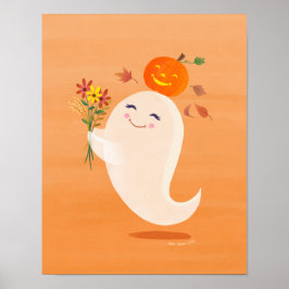 Halloween Schattigee Ghost en Bloemen Art Print