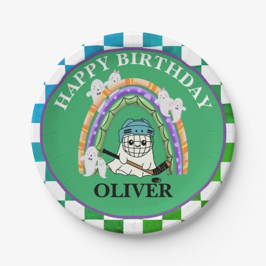 Halloween Schattigee Ghost Ice Hockey Party Papieren Bordje (Voorkant)