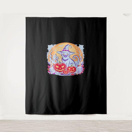 Halloween Schattigee Ghost Pumpkin Cat Classic T-s Wandkleed (Voorkant)