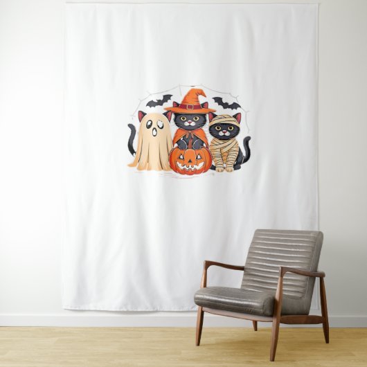 Halloween Schattigee Ghost Pumpkin Cat Classic T-S Wandkleed (In situ)