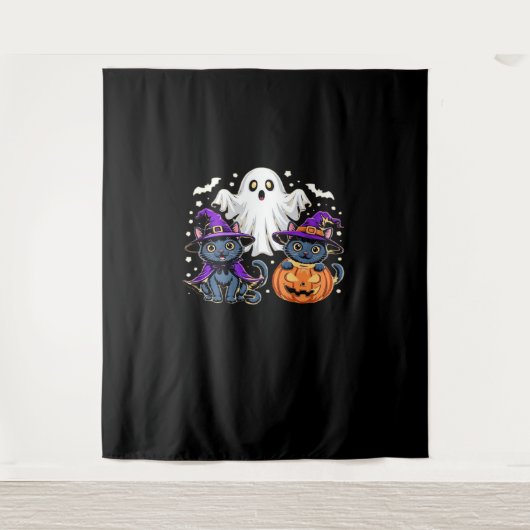 Halloween Schattigee Ghost Pumpkin Cat Classic T-S Wandkleed (Voorkant)