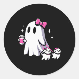 Halloween Schattigee Ghost Walking Dog Spooky Pink Ronde Sticker