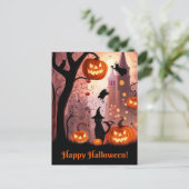 Halloween Schattigee grillige Cat Witch Pumpkins Feestdagenkaart (Staand voorkant)