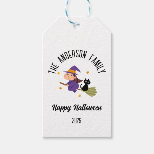 Halloween Schattigee heks op een bezem gepersonali Cadeaulabel (Voorkant)