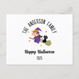 Halloween Schattigee heks op een bezem gepersonali Feestdagenkaart