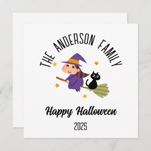 Halloween Schattigee heks op een bezem gepersonali Feestdagenkaart (Voorkant / Achterkant)