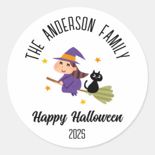 Halloween Schattigee heks op een bezem gepersonali Ronde Sticker