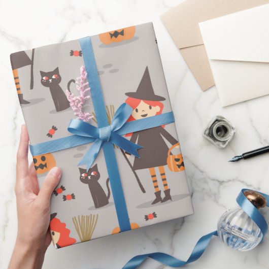 Halloween Schattigee heks, pompoen, zwarte kat Cadeaupapier (Geschenken)