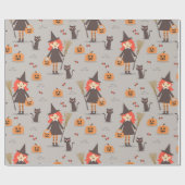 Halloween Schattigee heks, pompoen, zwarte kat Cadeaupapier (Vlak)