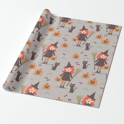 Halloween Schattigee heks, pompoen, zwarte kat Cadeaupapier (Uitgerold)