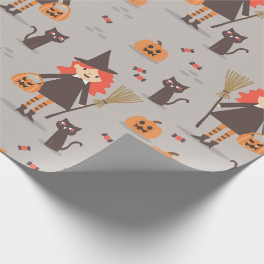 Halloween Schattigee heks, pompoen, zwarte kat Cadeaupapier (Hoek)