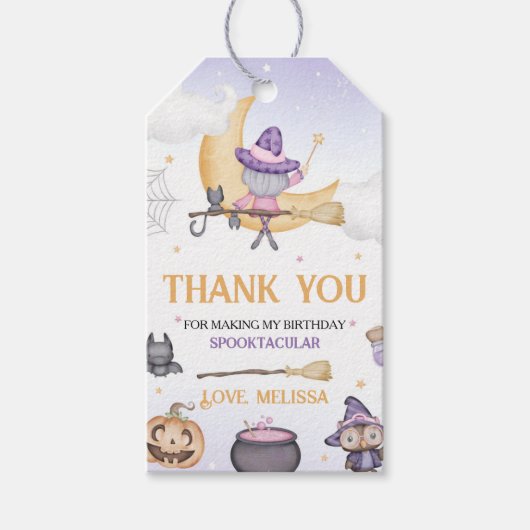 Halloween Schattigee heks verjaardagsfeest Cadeaulabel (Voorkant)