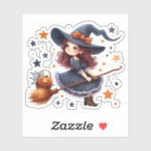 Halloween - Schattigee kleine heks en haar bezem Sticker (Vel)