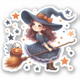 Halloween - Schattigee kleine heks en haar bezem Sticker
