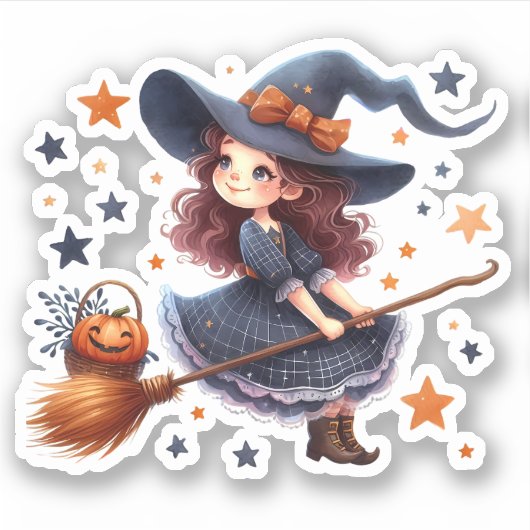 Halloween - Schattigee kleine heks en haar bezem Sticker (Voorkant)