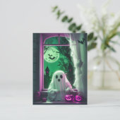 Halloween Schattigee kleine spook door het raam Br Briefkaart (Staand voorkant)