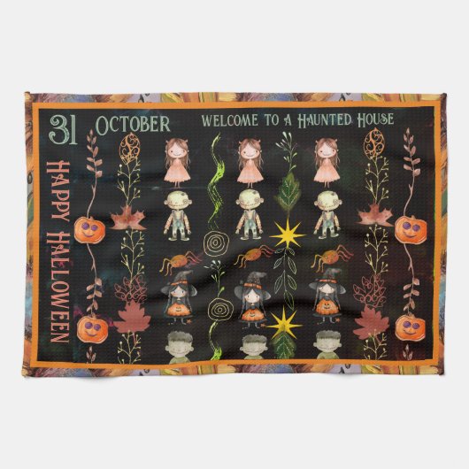 Halloween Schattigee monsters en heksen Theedoek (Horizontaal)