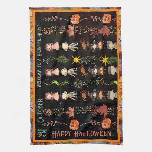 Halloween Schattigee monsters en heksen Theedoek (Verticaal)