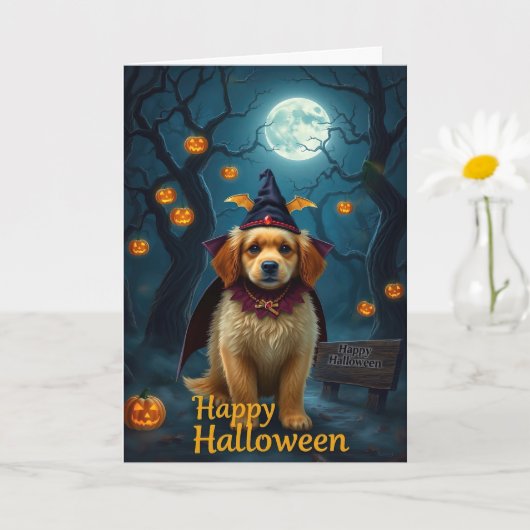 Halloween Schattigee Pup met Pumpkin Lantaarn Kaart (Kleine Plant)