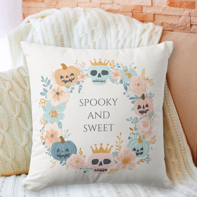 Halloween Schattigee Spooky Skull Pumpkin Roze Bla Kussen (Halloween Cute Spooky Skull Pumpkin Pink Blue Chic Throw Pillow)