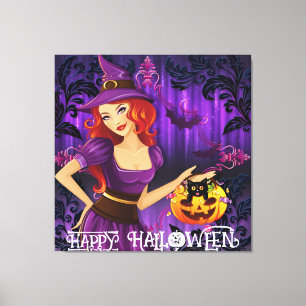 Halloween Schattigee Spooky Whimsical Witch Paarse Canvas Afdruk