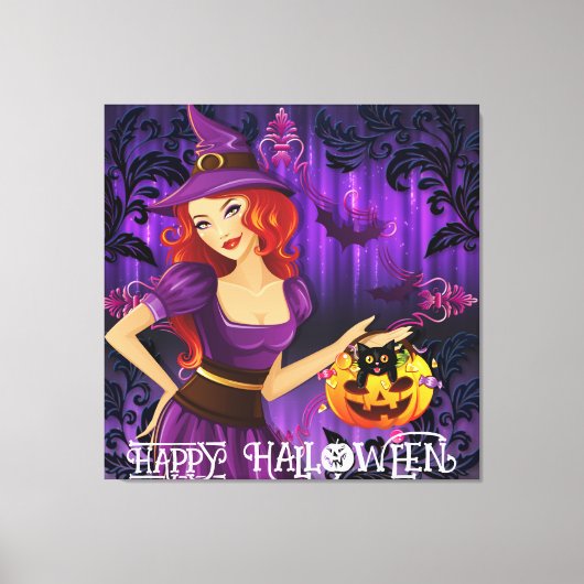 Halloween Schattigee Spooky Whimsical Witch Paarse Canvas Afdruk (Voorkant)