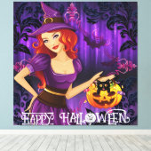 Halloween Schattigee Spooky Whimsical Witch Paarse Canvas Afdruk (Insitu (Houten vloer))