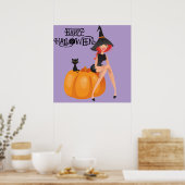 Halloween Schattigee Spooky Whimsical Witch Paarse Poster (Keuken)