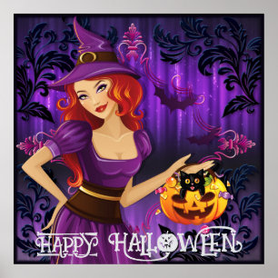 Halloween Schattigee Spooky Whimsical Witch Paarse Poster
