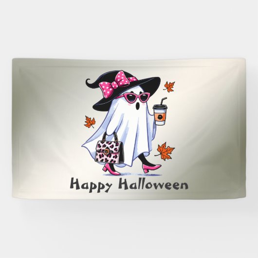 Halloween Schattigee stijlvolle heks spook koffiek Spandoek (Horizontaal)