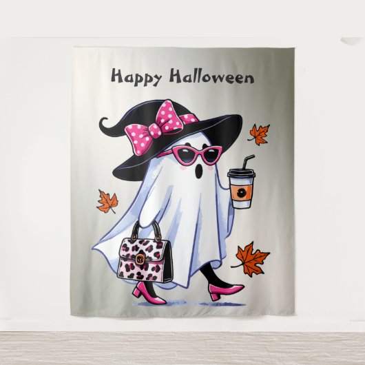 Halloween Schattigee stijlvolle heks spook koffiek Wandkleed (Voorkant)