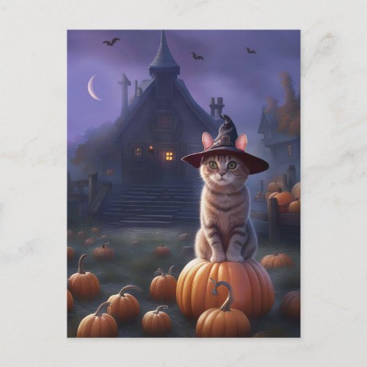 Halloween Schattigee Witchy Cat Pumpkins Feestdagenkaart (Voorkant)