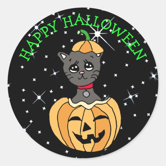 Halloween Schattigee zwarte kat in pompoen Ronde Sticker (Voorkant)