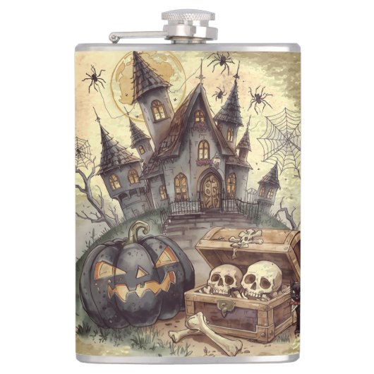 Halloween, Schedel Bewaker, Eng Spookachtig, vinta Heupfles (Voorkant)