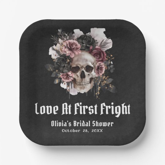 Halloween Schedel Liefde Op Het Eerste Verschrikki Papieren Bordje (Voorkant)