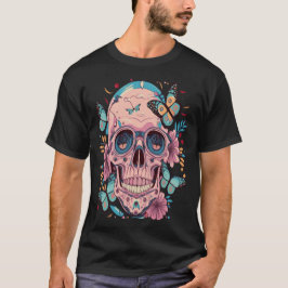 Halloween schedel met bloemen en vlinders t-shirt